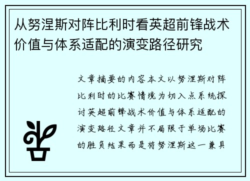 从努涅斯对阵比利时看英超前锋战术价值与体系适配的演变路径研究